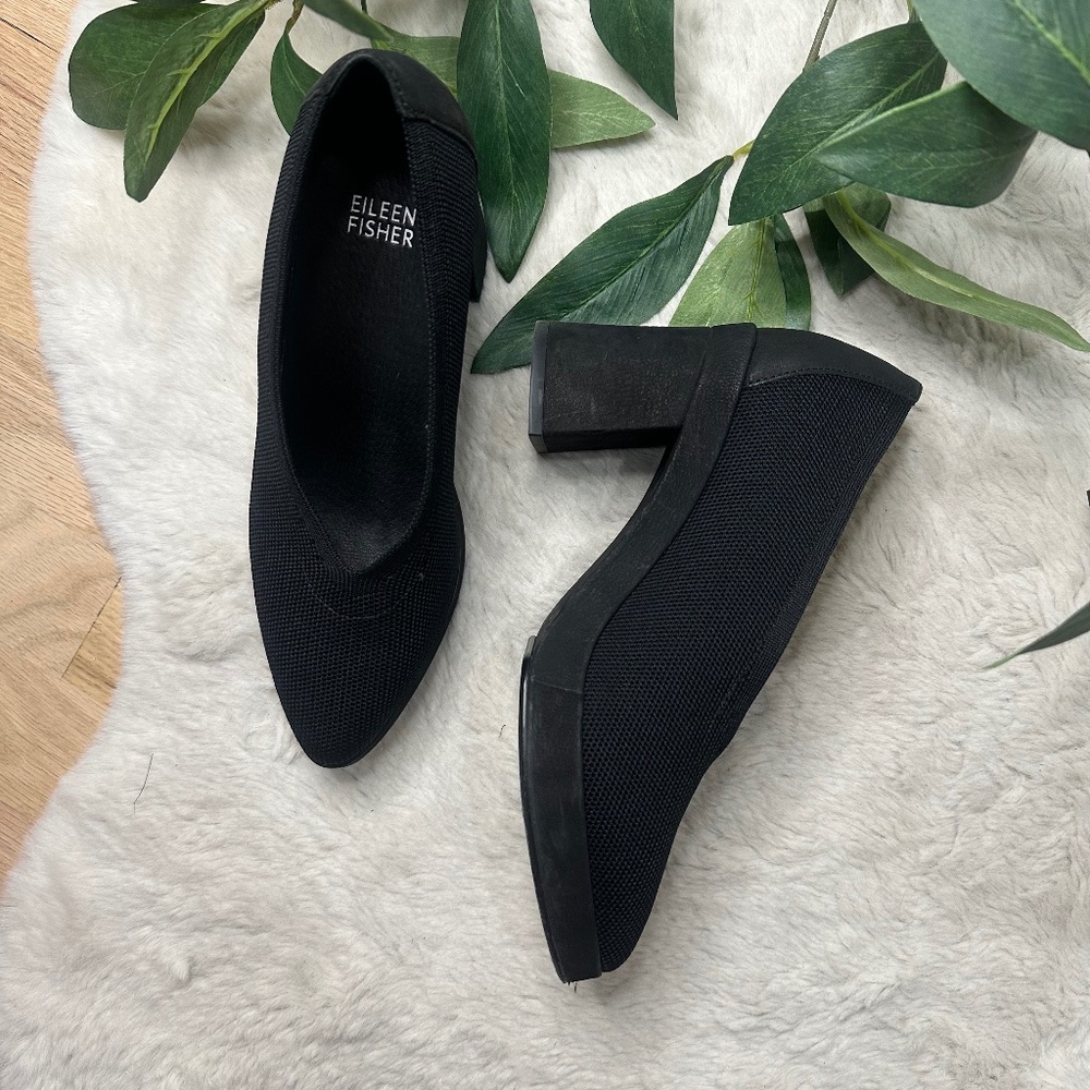 Eileen Fisher Black Knit Block Heels "Gabby Knit" | Minimal Work Shoes